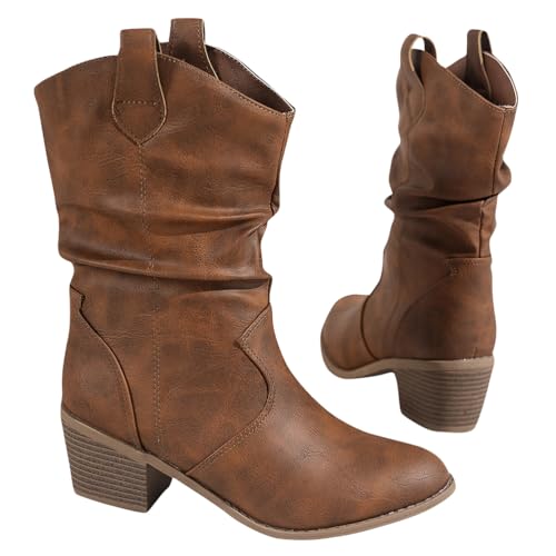 ticticlily Damen Stiefeletten Cowboy Boots Klassisch Wildleder Halbstiefel Schlupfschuhe Niederung Stiefel Mit Schnalle Kurzstiefel Übergangsstiefel Halbhohe Ankle Boots Damenstiefel B2 Braun 39 EU von ticticlily