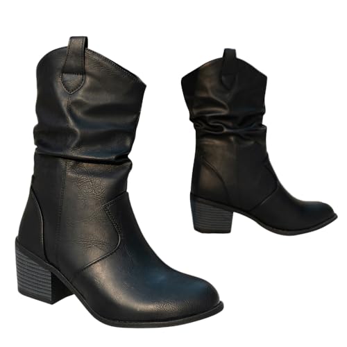 ticticlily Damen Stiefeletten Cowboy Boots Wildleder Cowboystiefel Halbstiefel Schlupfschuhe Niederung Stiefel Kurzstiefel Übergangsstiefel Blockabsatz Ankle Boots Damenstiefel B2 Schwarz 39 EU von ticticlily
