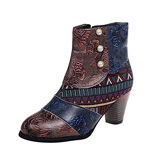 ticticlily Damen Stiefeletten Herbst Winter Spitze Beiläufig Retro High Heels Spleißen Gestickt Kurze Lederstiefel A Braun 42 EU von ticticlily
