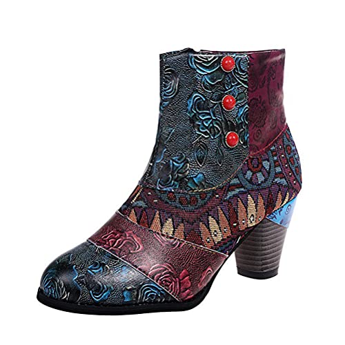 ticticlily Damen Stiefeletten Herbst Winter Spitze Beiläufig Retro High Heels Spleißen Gestickt Kurze Lederstiefel A Grün 43 EU von ticticlily