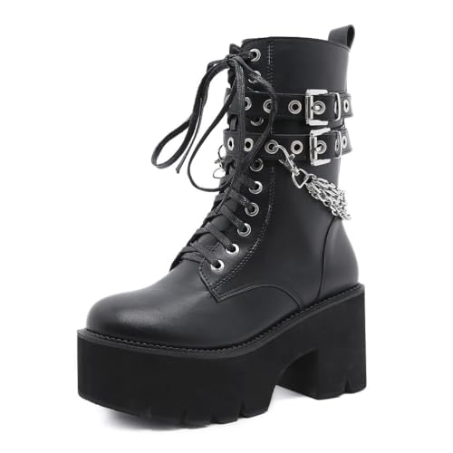 ticticlily Damen Stiefeletten Leder Biker Boots Stiefel Blockabsatz Plateau Herbst Winter Frauen Schuhe Schnallen Reißverschluss Winterstiefel C Schwarz 40 EU von ticticlily