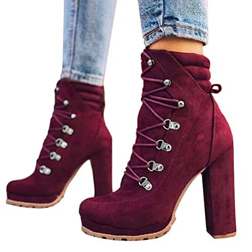 ticticlily Damen Stiefeletten Mid Top Stiefel Stiefel mit Absatz Wildleder Stiefeletten Frauen Schuhe Blockabsatz Herbst Winter Bequeme Schnürstiefelette Weinrot 37 EU von ticticlily