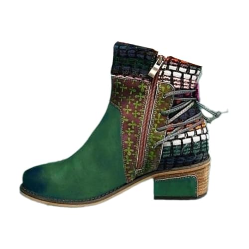 ticticlily Damen Stiefeletten mit Absatz Leder Kurze Stiefel Retro Spleißen Bunte Cosy Wanderschuhe Elegante Reißverschluss Party Schuhe Frühling Herbst Winter Dunkelgrün 36 von ticticlily