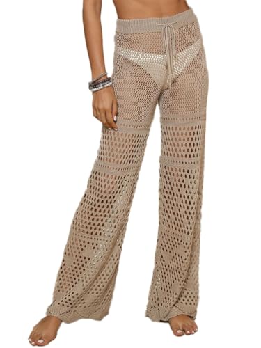 ticticlily Damen Strandhose Häkelnetz Durchsichtig Mesh Badehosen Lange Häkel Strick Leicht Gerade Bein Elastischer Bund High Waist Sommerhose mit Kordelzug Freizeithose B Aprikose L von ticticlily