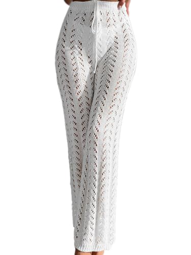 ticticlily Damen Strandhose Häkelnetz Durchsichtig Mesh Badehosen Lange Häkel Strick Leicht Gerade Bein Elastischer Bund High Waist Sommerhose mit Kordelzug Freizeithose C Weiß L von ticticlily