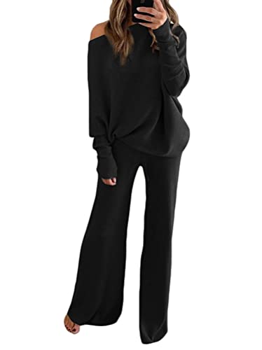 ticticlily Damen Strickanzug 2 Stück, Strickpullover und Lange Hosen Freizeitanzug Gestrickt Oberteile Jogginghose Loungewear Set Grobstrick Outfit für Damen A Schwarz XL von ticticlily
