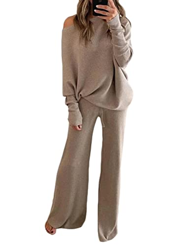 ticticlily Damen Strickanzug Jogginganzug 2 Stück Strickpullover und Hosen Beiläufig Outfit Freizeitanzug Gestrickt Oberteile Hose Grobstrick Loungewear A Khaki L von ticticlily