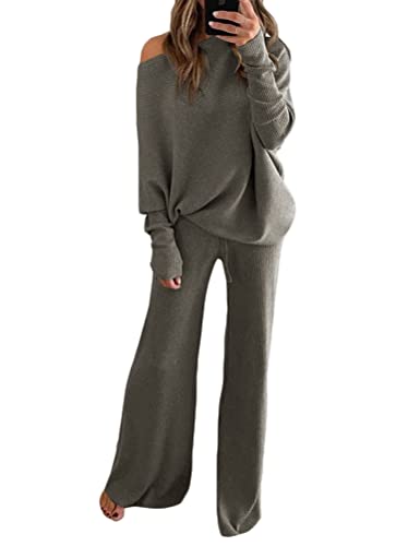 ticticlily Damen Strickanzug Jogginganzug 2 Stück Strickpullover und Hosen Freizeitanzug Sportanzug Gestrickt Oberteile Top Jogginghose Loungewear Set Grobstrick Outfit für Damen A Grau L von ticticlily