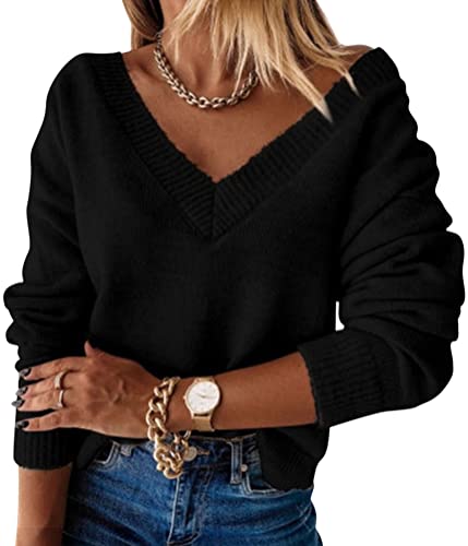 ticticlily Damen Strickpullover Winter Langarm Einfarbig Casual Pullover V-Ausschnitt Lose Mode Sweatshirt Vintage Grobstrickpullover Pulli Oberteile Sweater A Schwarz XXL von ticticlily