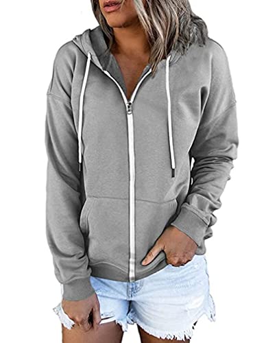 ticticlily Damen Sweatjacke Hoodie Sweatshirt Pullover Oberteile Kapuzenpullover Einfarbig Full Zip Casual Hoodie Übergangsjacke A Grau L von ticticlily