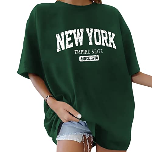 ticticlily Damen T-Shirt Kurzarm Sport Sommer Oberteile Oversized T-Shirt mit Buchstaben Druck Sweatshirt Lose Rundhals Bluse Teenager Mädchen Vintage Top Tunika Lang B Grün L von ticticlily