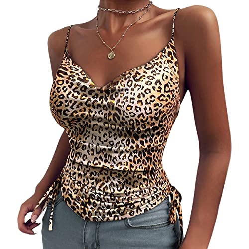 ticticlily Damen T-Shirts Sommer Ärmellos Lose Casual Einfarbig Hemd Kordelzug Westen Spaghettiträger Tank Tops Leopard L von ticticlily