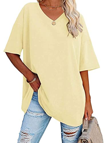 ticticlily Damen Tshirt V Ausschnitt t Shirts für Damen Kurzarm Sommer T-Shirt Bluse Oberteile Damen Tops Damen Oberteile Elegants Einfarbig T Shirt A Hellgelb XL von ticticlily