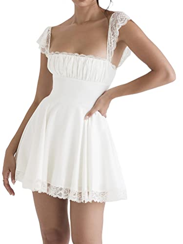 ticticlily Damen Vintage A-Linie Kleid Kurzarm gerüschte Brust einfarbig fließend Minikleid G Weiß XS von ticticlily
