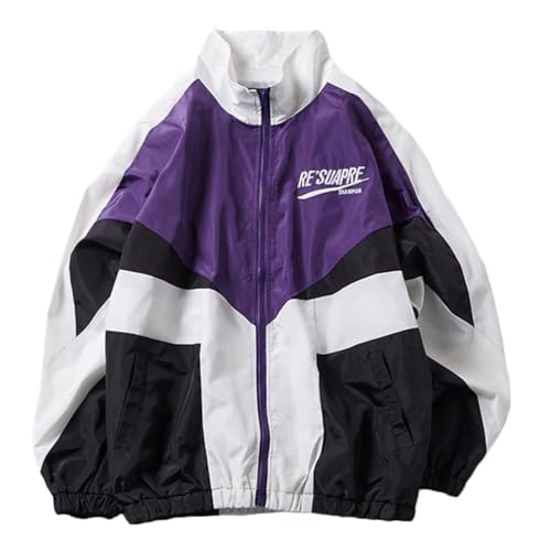 ticticlily Damen Vintage College Jacke Oversize Baseball Varsity Bomberjacke Patchwork Retro Racer Jacke Sweat Jacket D Violett M von ticticlily