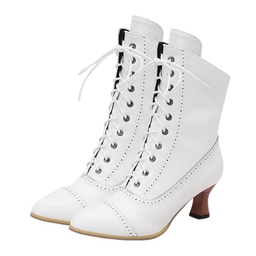 ticticlily Damen Vintage Stiefel Schnüren Mit Absatz Spitz Stiefeletten Reißverschluss C Weiß 39 EU von ticticlily