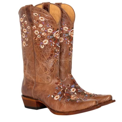 ticticlily Damen Western Cowboystiefel Retro Spitzschuh Chunky Heel Wide Calf Rider Boots Winter Knöchelschnalle Floral bestickte Mid Tube Stiefel Braun 36 EU von ticticlily