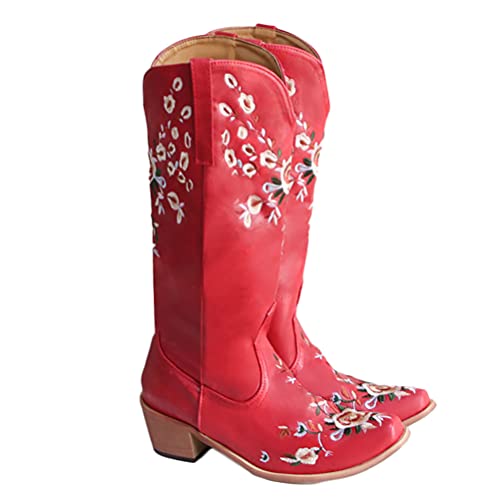 ticticlily Damen Western Cowboystiefel Retro Spitzschuh Chunky Heel Wide Calf Rider Boots Winter Knöchelschnalle Floral bestickte Mid Tube Stiefel Rot 38 EU von ticticlily