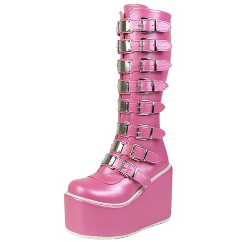 ticticlily Damen Winter Gothic Punk Plateau Stiefel Goth Schnalle Wedges Mid Schuhe Plattform Biker Boots Chunky Motorrad Stiefel F Rosa 35 EU von ticticlily