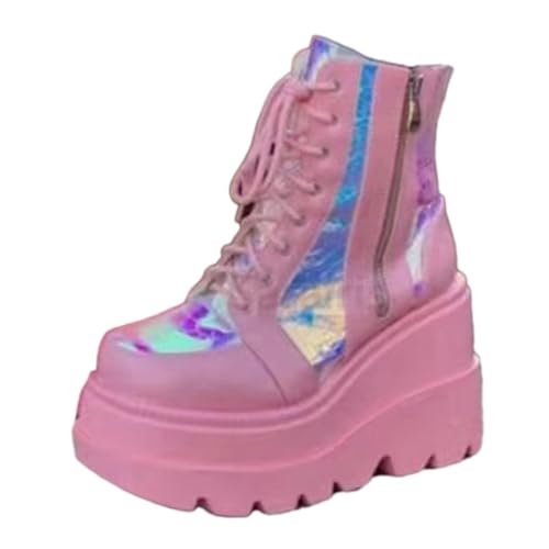 ticticlily Damen Winter Gothic Punk Plateau Stiefel Goth Schnalle Zipper Wedges Dicke Sohle Mid Schuhe Plattform Biker Boots Chunky Motorrad Stiefel A Rosa 38 EU von ticticlily