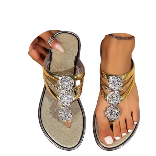 ticticlily Damen Zehentrenner Sommer Schlappen Lässige Flache Schuhe Slippers mit Strasssteinen Flat Heel Elegant Freizeit Römersandalen Peep Toe Flip Flop Strandsandalen H Gold 40 EU von ticticlily