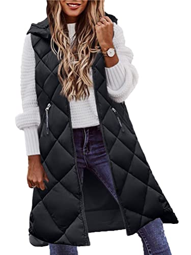 ticticlily Daunenweste Damen Lang Wintermantel mit Kapuze Weste Mantel Ärmellose Warmer Daunenmantel mit Taschen Steppweste Damen Daunenjacke Steppjacke Outdoor A Schwarz M von ticticlily