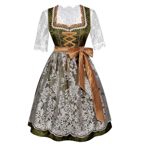 ticticlily Dirndl Damen Komplettsets Bluse Spitzen + Dirndlkleid + Schürze Trachtenmode 2/3 teiler Full Set Oktoberfest Anlässe Kostüm A1 Olivengrün S von ticticlily