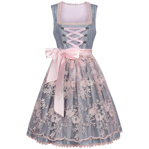 ticticlily Dirndl Damen Komplettsets Bluse Spitzen + Dirndlkleid + Schürze Trachtenmode 2/3 teiler Full Set Oktoberfest Anlässe Kostüm A5 Grau M von ticticlily