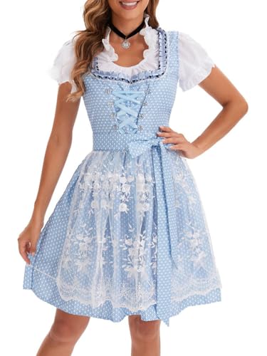 ticticlily Dirndl für Damen, Trachten Spitze Bluse Kleider Schürze Accessoires Full Set, Dirndelkleider Midi Lang Elegant Komplettsets Oktoberfest Feierliche Anlässe Kostüm A Hellblau 3XL von ticticlily