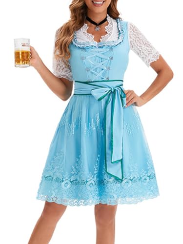 ticticlily Dirndl für Damen, Trachten Spitze Bluse Kleider Schürze Accessoires Full Set, Dirndelkleider Midi Lang Elegant Komplettsets Oktoberfest Feierliche Anlässe Kostüm B1 Blau L von ticticlily