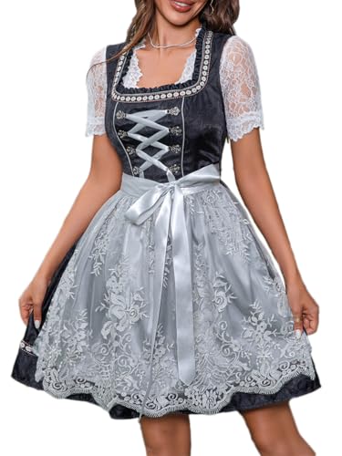 ticticlily Dirndl für Damen, Trachten Spitze Bluse Kleider Schürze Accessoires Full Set, Dirndelkleider Midi Lang Elegant Komplettsets Oktoberfest Feierliche Anlässe Kostüm B11 Schwarz S von ticticlily