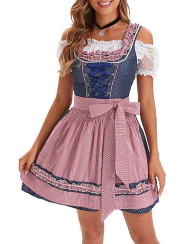 ticticlily Dirndl für Damen, Trachten Spitze Bluse Kleider Schürze Accessoires Full Set, Dirndelkleider Midi Lang Elegant Komplettsets Oktoberfest Feierliche Anlässe Kostüm B8 Dunkelrosa XL von ticticlily
