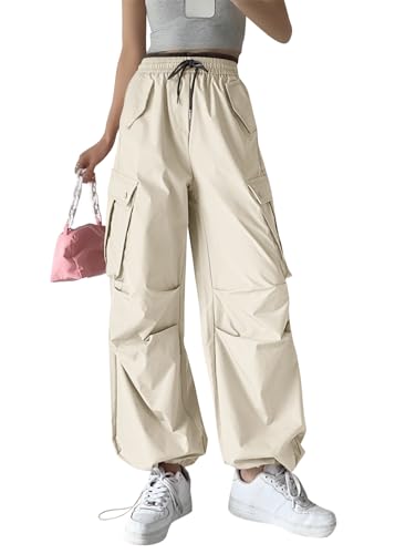 ticticlily Fallschirmhosen Damen Baggy Weite Breites Beine Hose Y2K Hiphop Freizeithose Elastizität Waist mit Kordelzug Lässige Wanderhose mit Taschen Parachute Track Pants A Aprikose S von ticticlily