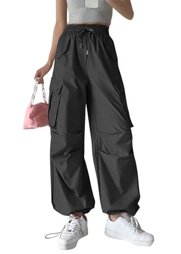 ticticlily Fallschirmhosen Damen Baggy Weite Breites Beine Hose Y2K Hiphop Freizeithose Elastizität Waist mit Kordelzug Lässige Wanderhose mit Taschen Parachute Track Pants A Schwarz L von ticticlily