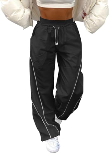 ticticlily Fallschirmhosen Damen Y2K Baggy Parachute Hosen Cargohose Sporthosen Lässige Freizeithose Weite Bein Teenager Trainingshosen Harajuku Retro Hose E Schwarz XS von ticticlily