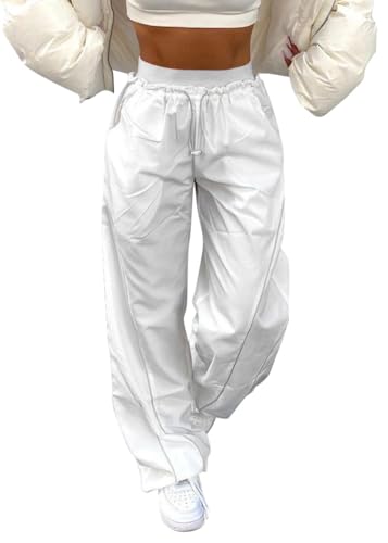 ticticlily Fallschirmhosen Damen Y2K Baggy Parachute Hosen Cargohose Sporthosen Lässige Freizeithose Weite Bein Teenager Trainingshosen Harajuku Retro Hose E Weiß L von ticticlily