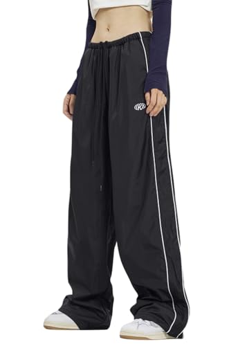 ticticlily Fallschirmhosen Damen Y2K Baggy Parachute Hosen Cargohose Sporthosen Lässige Freizeithose Weite Bein Teenager Trainingshosen Harajuku Retro Hose F Schwarz XS von ticticlily