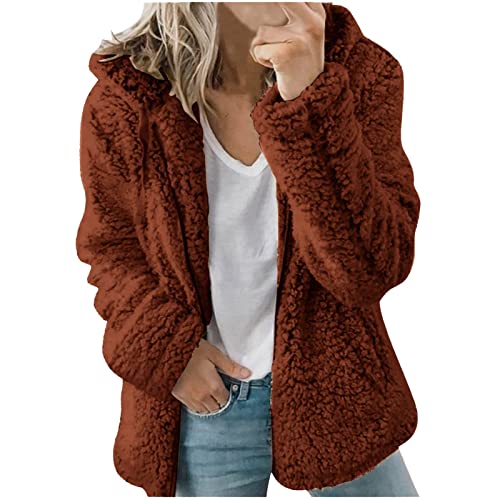 ticticlily Fleece Jacken Damen Teddy Plüsch Sherpa Übergangsjacke Herbstmantel Mantel Lange Ärmel mit Knopf Reißverschluss Teddyjacke Kurz Oberteile Kapuzenpullover Winter Herbst A Braun XL von ticticlily