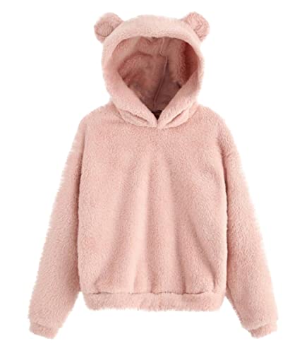 ticticlily Frauen Hoodies Mit Bären Ohren Plüsch Winter Warmer Mantel Jacke Outwear Langarm Hoodie Pullover Mädchen Langarm Casual Sweatshirts mit Teddy-Fleece Plüschmantel Wollmantel A Hellrosa XL von ticticlily