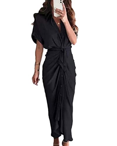 ticticlily Kleid Damen Casual Tunika Blusenkleid Frühling Sommer Maxikleid A Schwarz M von ticticlily