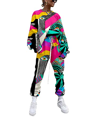 ticticlily Freizeitanzug Damen Set 2-teiliges Trainingsanzug Sportbekleidung Freizeit Sweatshirts Langarmshirts und Hosen Fitnessanzug Abstrakter Druck Freizeitanzug für Damen Rosa L von ticticlily