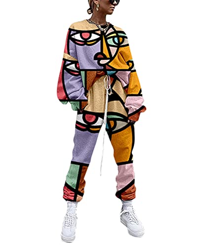 ticticlily Freizeitanzug Damen Set 2-teiliges Trainingsanzug Sportbekleidung Freizeit Sweatshirts Langarmshirts und Hosen Fitnessanzug Abstrakter Druck Freizeitanzug für Damen Violett L von ticticlily