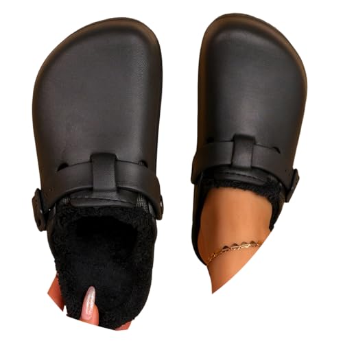 ticticlily Gefütterte Clogs Damen Herren Warm Hausschuhe Wasserdichte Gartenclogs mit Fell Frauen Geschlossen Clogs Winter Plüsch Pantoletten A Schwarz 45 EU von ticticlily