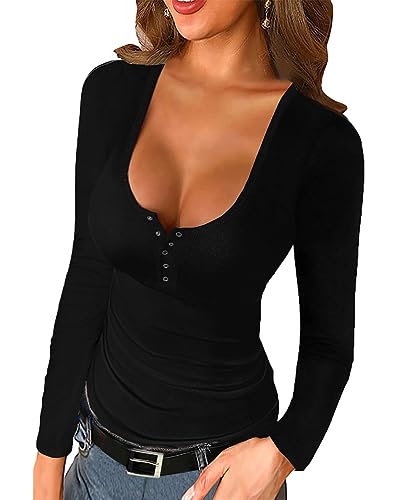 ticticlily Henley-Shirt Damen Elegant Sexy Langarmshirt Strickpullover Rippstrick Oberteile Tunika Pullover Tops Langarm V-Neck mit Knöpfen Sweatshirts A Schwarz S von ticticlily