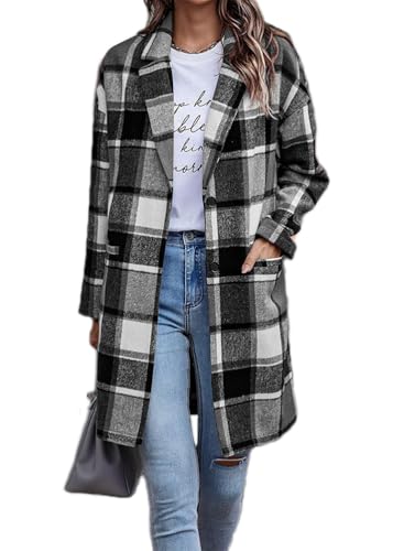 ticticlily Herbstmantel Damen Lang Karierte Mantel Jacke Casual Lässige Wintermantel Langarm mit Taschen Holzfällerjacke Hemdjacke A Schwarz L von ticticlily