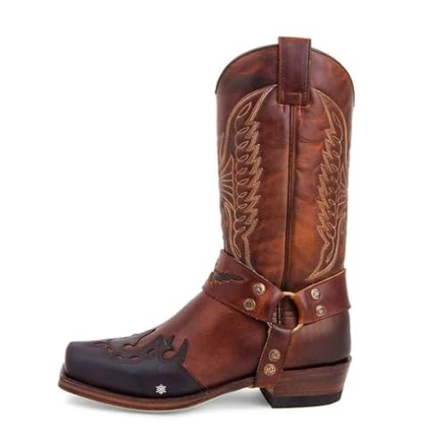 ticticlily Herren Cowboystiefel Breit Klassisch Leder Vintage Mittlere Wade Westernstiefel Stickerei Spitzer Zehenbereich Blockabsatz Schlupfstiefel Lange Stiefel Braun 42 EU von ticticlily