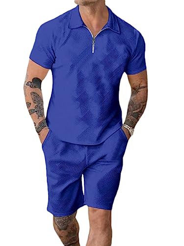 ticticlily Herren Trainingsanzug Set Sommer Sportanzug 2 Teiliges Outfit Sport Set Kurzarm T-Shirt + Kurze Hose Sets Freizeitanzug Business Polo Hemd mit Halber Reißverschluss C Blau XL von ticticlily