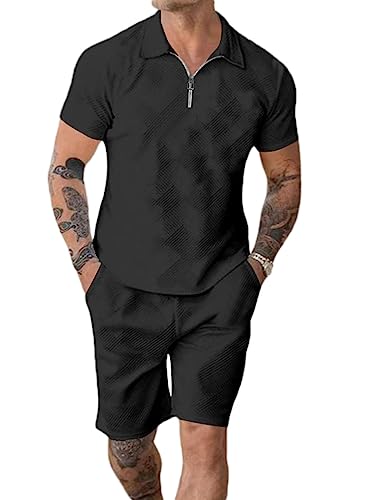 ticticlily Herren Trainingsanzug Set Sommer Sportanzug 2 Teiliges Outfit Sport Set Kurzarm T-Shirt + Kurze Hose Sets Freizeitanzug Business Polo Hemd mit Halber Reißverschluss C Schwarz L von ticticlily