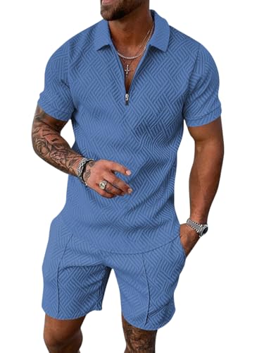ticticlily Herren Trainingsanzug Sommer Sportanzug Casual T Shirts Und Kurze Hose Jogginganzug Herren Set Baggy Freizeitanzug 2 Teiliges Bedruckter Polo Hemd Set Sommer Anzug Herren A Himmelblau 4XL von ticticlily