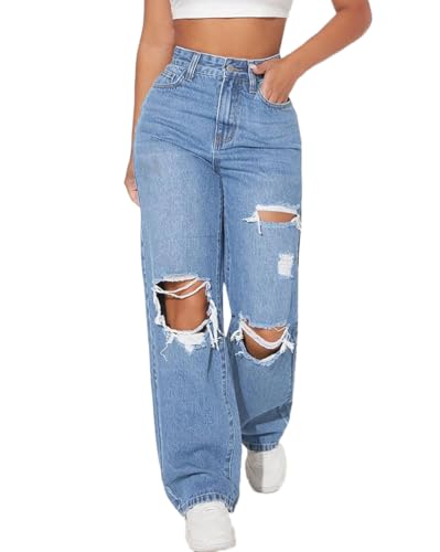 ticticlily High Waist Jeans Damen Baggy Straight Leg Zerrissen Löchern Gerade Weite Jeanshose Casual Boyfriend Denim Hosen A Blau XS von ticticlily